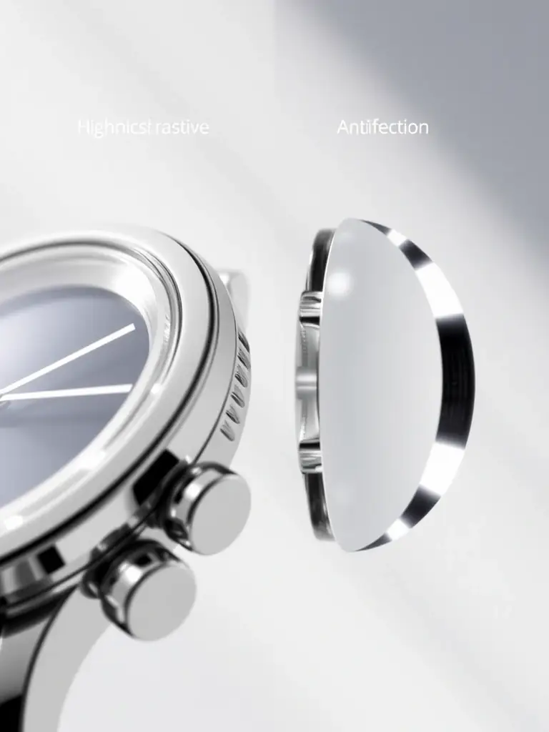 Split image showing a watch crystal with and without ProfsCrystals' coating, highlighting the dramatic difference in reflection and clarity.