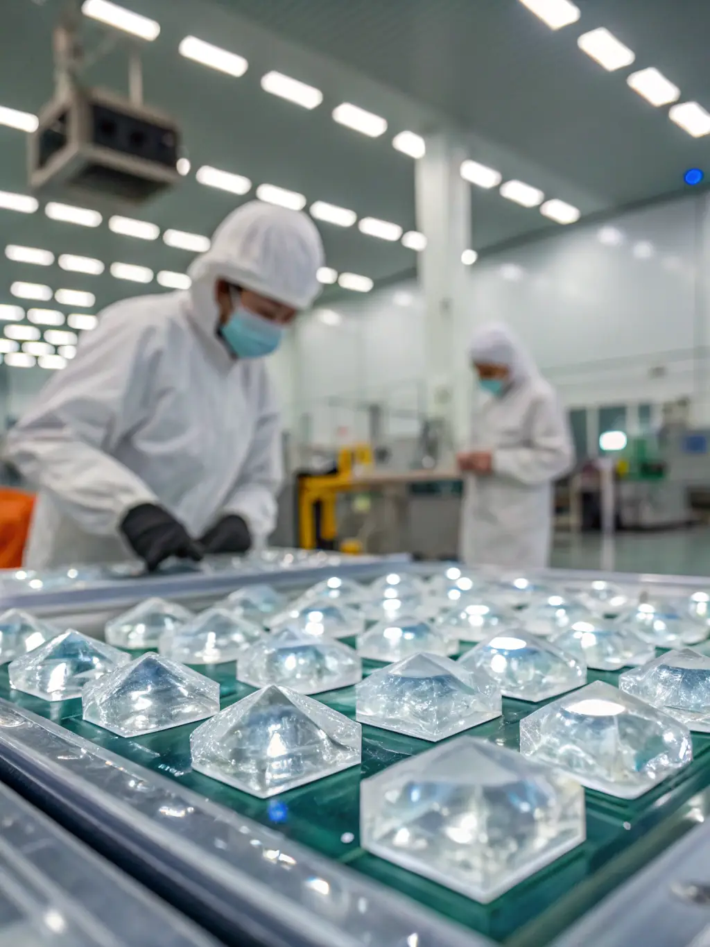An image of a high-tech machine applying ProfsCrystals' coating to a batch of watch crystals in a cleanroom environment.